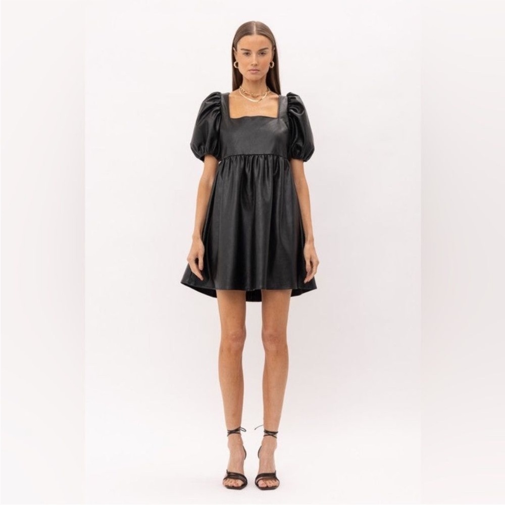 Sophie the Label black vegan Leather Babydoll puff sleeve Dress, Medium